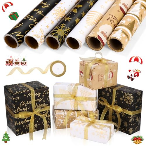 Papier Cadeau Noel 6 Rouleaux 43cm×3m - Noir, Blanc et Or - Emballage pour Cadeaux d'Anniversaire, Noël et Nouvelle Année