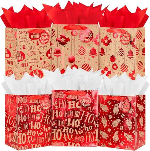 KAHEIGN 12Pcs Weihnachten Geschenktaschen Weihnachtstüten Geschenktüten, 25 x 20 x 13 cm Metallic-rote Folienpapiertüten Weihnachtsmotiv Geschenktüten mit Seidenpapier, Namensschild und Bandgriff