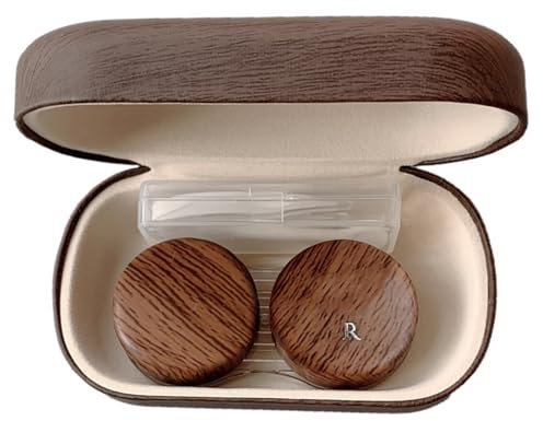 MYSUNBAR Kontaktlinsenbehälter mit Holzmaserung, kompaktes Etui für unterwegs, tragbare Kontaktbox mit Spiegel, rechteckig, niedlich, bunt