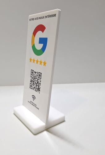 Plaque NFC et QR Code avec Support stand vertical pour Avis Google - 15x7 cm - Idéal pour enseignes et restaurants, Support Vertical (Blanc)