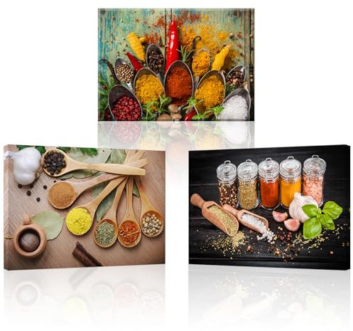 Piy Painting Peinture Sur Toile Épices Et Cuillères, Impressions Modernes Mural Sur Toile, Tableau Sur Toile De Poivrons, Facile à Accrocher Pour Maison Cuisine Bar, 3 Panneau x58x40cm (58x40 cm)