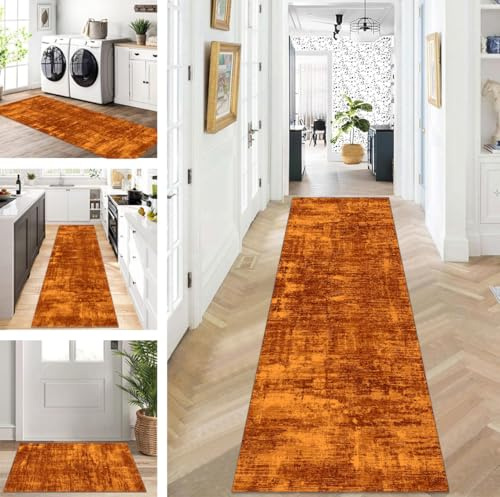 ZUZEKU Abstrakte Läufer Flur Küche Waschbar rutschfest 70X350cm Vintage Orange Lang Küchenteppich Flurteppich Teppich Fur Korridor Wohnzimmer Schlafzimmer Meterware Anpassbar