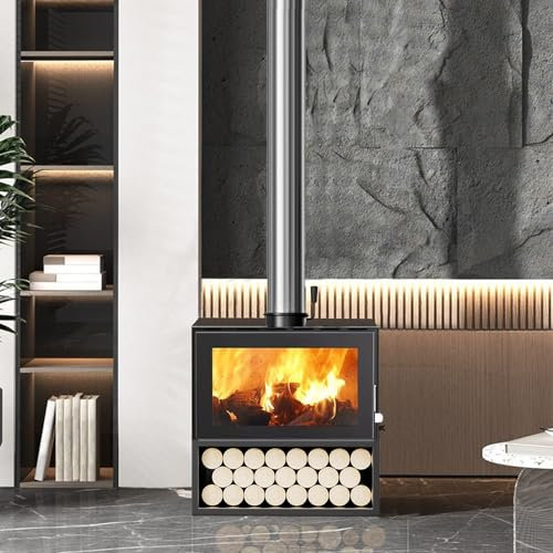 Multifuel Stove Fireplace, Freestanding Wood Burner, Burning Stove Heater with Cast Iron Kettle, Fireplace Heater Large Fireplace Fueled by Wood, Logs, Charcoal (49x30x50cm)