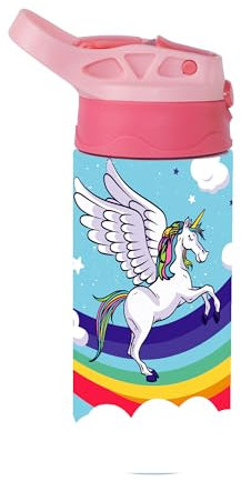 Docliick - Botella agua Acero Inoxidable niños. Térmica 350ml.Botella con dibujos originales exlusivos. Botella Niños colegio pajita. (8.Unicornio con Alas)