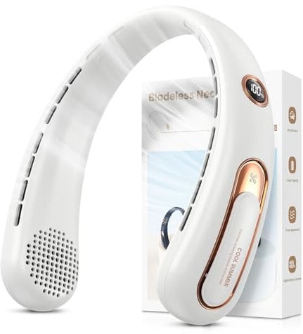 Ventilador de Cuello- Ventilador Cuello USB Recargable Máx 15H, Ajustable al Cuello, Pantalla Digital, 3 Velocidades, Potente y Silencioso, Portatil y Ligero para Hogar, Oficina, Viajar, Acampar