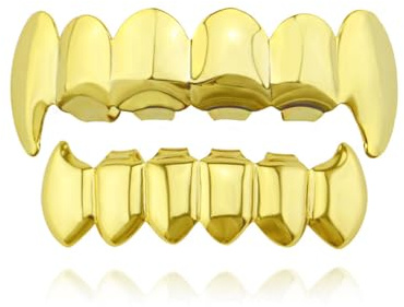 1 Set Goldene Hip Hop Zähne, Gold Zähne Hip Hop, ZähneGrills Goldzähne, Zahnspangen Top Und Bottom Grill Cap, für Männer Und Frauen Tanz, Party, Halloween, Bühne, Rollenspiele(Golden)
