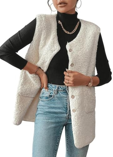 Joligiao Gilet en Molleton Polaire Femme Doux Manteaux sans Manche Femme Hiver Chaud Veste Longue Veste Décontracté Matelassée Fluffy Gilet avec Poches et Fermeture éclair Couleur Unie(Beige,M)