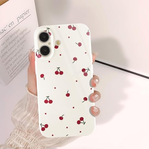 Phoona Cherry Case for iPhone 16 6.1, Preppy Vintage Girly Aesthetic Pattern Design, Raised Camera Protection Bumper Soft Slim TPU Shockproof Protective Cover for Girls Women