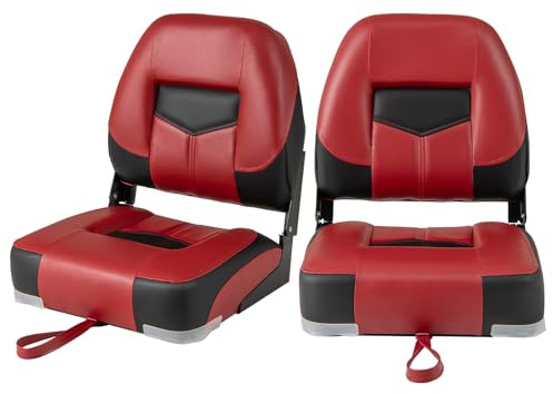 HOMASIS Juego de 2 asientos de barco plegables, Silla de barco con acolchado de esponja, Asiento yate ergonómicos con correas y tornillos de fijación, barco para pescar, pilotaje, 50x42x52cm (Rojo)