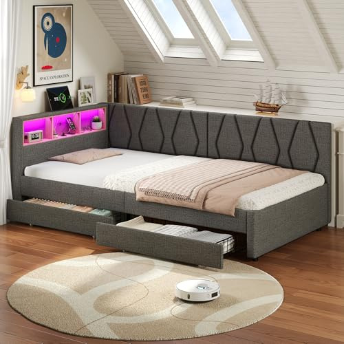 3ft Single Daybed with 2 Storage Drawers, LED Lighting and Charging Station, Functional Upholstered Bed Frame 90X190 cm, Linen Sofa Bed Guest Bed for Living Room/Bedroom/Study Room, No Mattress, Grey