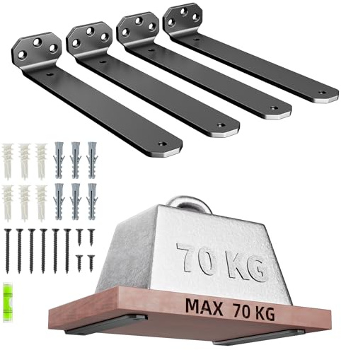 HUAEU Heavy Duty Shelf Brackets, 10cm 4 Pack Black L-Shaped Shelf Supports | 5 mm black L-shaped shelf brackets with fixings; up to 70 kg/pair on solid walls for floating shelves in homes and garages
