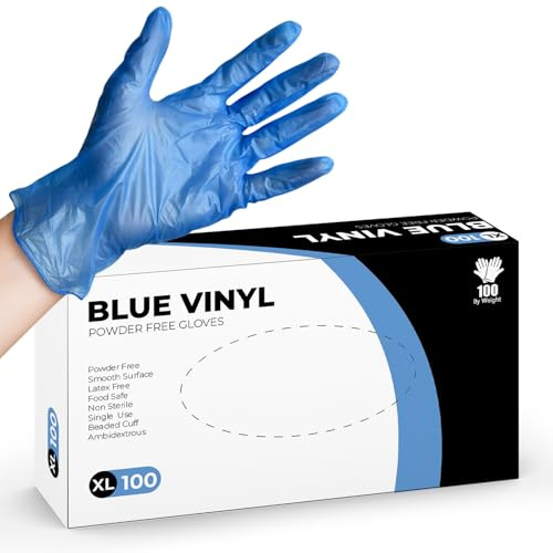 PANKTI Guanti usa e getta blu, confezione da 100, guanti in vinile senza lattice e senza polvere, forti e resistenti alle forature, comodi da usare per pulizia, parrucchieri e uso multiuso (XL, 100