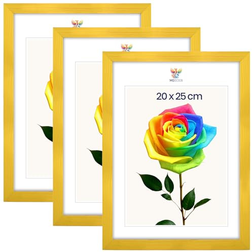 MG Design 3er Set Bilderrahmen 20 x 25 cm – Fotorahmen mit Gelb Echtholzrahmen und bruchsicherem Acrylglas, Hoch & Quer zum Aufhängen, zum Aufstellen