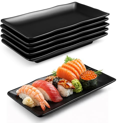 Chingcoo Piatti rettangolari neri in melamina, impilabili, resistenti, per sushi, antipasti, dessert, insalate, frutta e contorni, impilabili, resistenti, lavabili in lavastoviglie, 6 pezzi