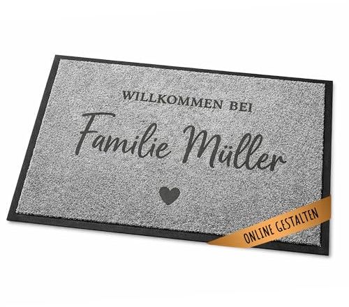 Fußmatte personalisiert grau, Wunschtext, Geschenk zum Einzug, 90x60 cm | Für Familie und Paare | zwei Textzeilen frei wählbar | 7 mm Flor | rutschfest | waschbar 30 Grad | innen und außen