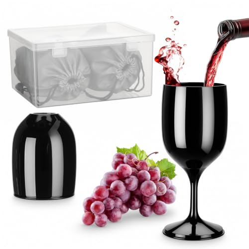 Romon Set 2 Pezzi Bicchieri da Vino Portare, 200ml Neri Calici Vino Pieghevoli in Acrilico, Bicchieri Vino Plastica con Scatola Conservazione e Custodia Impermeabile, per Viaggi Campeggio Attività