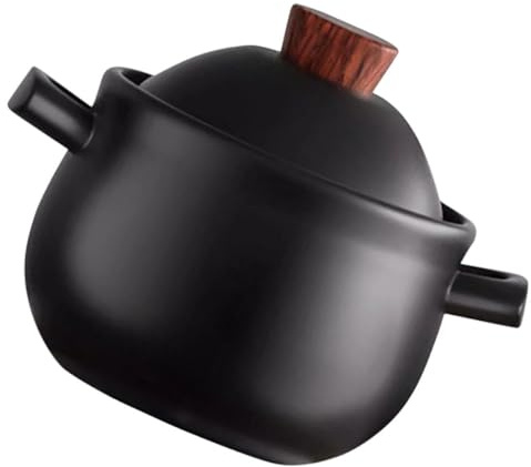 OFFIGAM Keramiktopf 2,5l mit Dickem Griff und Hitzebeständigem Holzgriff Schwarzer Schmortopf für Küche und Herd zum Kochen von Suppen und Eintöpfen