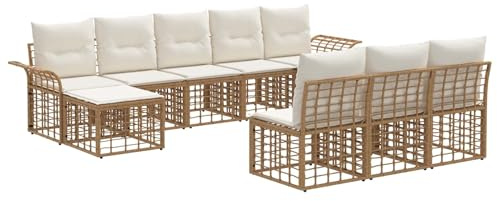 vidaXL Outdoor-Sofagarnitur 9 pcs Natürlich und Cremweiß Polyester, Garten-Sofa-Set, wetterfest, rustikales Rattan, modulare Sitze, Terrassen-Lounge, Patio-Style