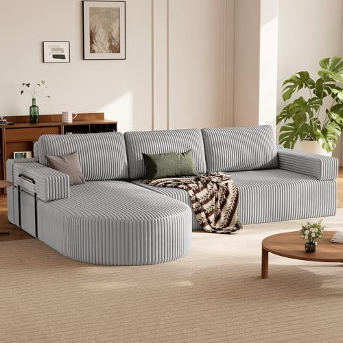 HOMRELEXA Ecksofa mit Schlaffunktion,Cord Schlafsofa L Form, Boneless Couch | Wohnlandschaft Schlafcouch mit 75cm Sitzfläche, Modulares Sofa Bed Sofabett mit Abgerundeter Chaise Longue, Grau