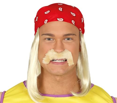 FIESTAS GUIRCA | Perücke mit rotem Kopftuch und Blonder Bart - Kostümzubehör für Männer - Ideal für Themenpartys und Sportfeiern - Perfekt für Karneval und Halloween - Rot