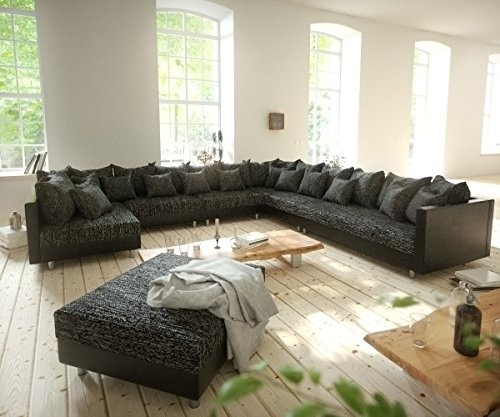 DELIFE Couch Clovis XXL Schwarz mit Hocker Ottomane Rechts Wohnlandschaft Modulsofa