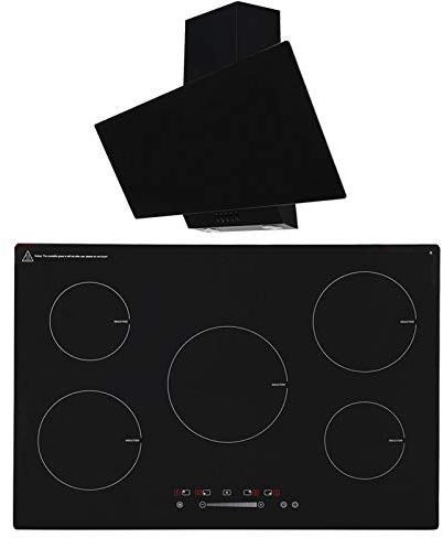 SIA 90cm Black 5 Zone Touch Control Induction Hob & Angled Glass Cooker Hood Fan