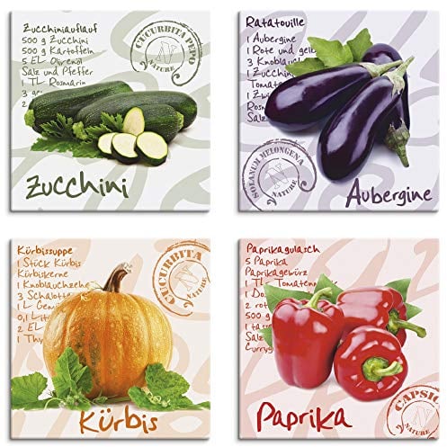 ARTLAND Wanddeko Küchenbilder Leinwand Bilder Set 4 teilig je 30x30 cm Quadratisch Wandbilder Gemüse Rezepte Zucchini Aubergine Kürbis Paprika S6PG