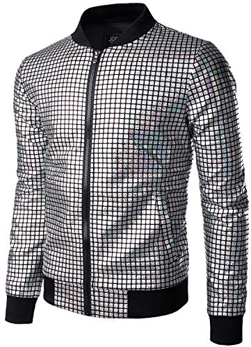 JOGAL Herren Metallic Pailletten Baseball Bomberjacke 70er Disco Party Kostüm Small Silber