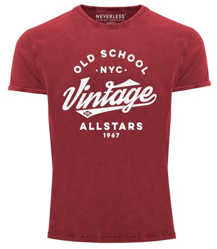 Neverless® Herren Vintage Shirt Retro Schriftzug Allstars Old School NYC Design Printshirt Used Look Slim Fit Rot XL