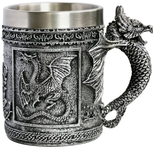 Kaffeetasse mit mittelalterlichem Drachen – Dungeons and Dragons Bierkrug – 400 ml Edelstahl-Kaffeebecher für GOT Drachenliebhaber Sammler – ideales Gothic-Geschenk, Partydekoration