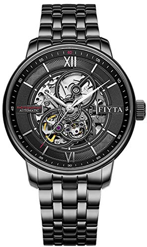 FIYTA Photographer Herrenuhr Automatik schwarz mit schwarzem Metallarmband, skelettiertem Zifferblatt/Open Heart und Gehäuseboden mit Sichtfenster DGA23001.BBB