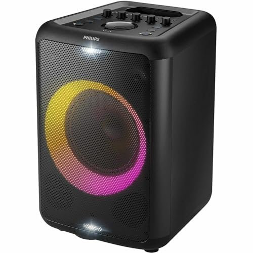 Philips X3206 Bluetooth Party Speaker with Subwoofer for up to 14 Hours Battery, Party Lights and Karaoke Effects, Microphone and Guitar Input, Audio Input, USB Charging, Built-in Carry Handle,