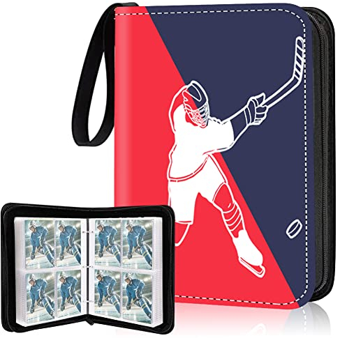 Hockeykartenordner mit 4 Taschen, Premium-Sammelkartenbinder mit Reißverschluss, 400 doppelseitige Taschen, PU-Sammelbinder, wasserabweisend, 3-Ring-Sammelalbum, Kartenordner für Hockey-Sportkarten