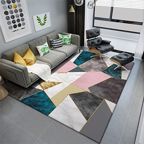 Wohnzimmerteppich Kurzflor Teppich Jugendzimmer Mädchen Rosa, Blau, Grau, Geometrisches Muster, Esszimmer, Arbeitszimmer, Dekoration, Waschbar Badteppich 100X200CM