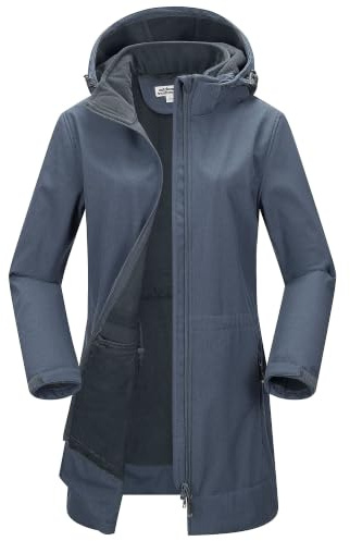 Outdoor Ventures Damen Softshelljacke Wasserdichte Lange Softshellmantel | Fleece Gefütterte Übergangsjacke, Winddichte Windbreaker, 2-Wege Reißverschluss Winterjacke, Regenjacke, Jacke mit Kapuze