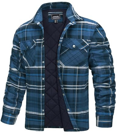TACVASEN Chemises Rembourrées pour Homme Veste Décontractée en Flanelle a Carreaux,Chemise de Travail a Manches Longues Bleu Gris,XL