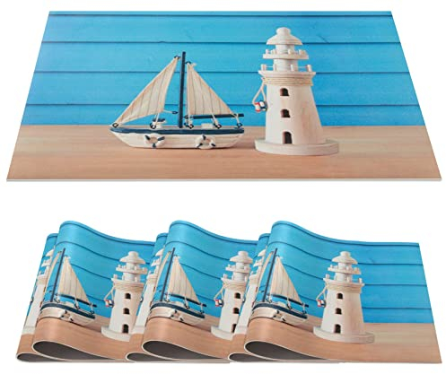 Platzset Tischset abwaschbar PVC Platzdeckchen rutschfest Tischuntersetzer Hitzebeständig Esstisch Deko für drinnen & draußen 30x45cm Maritim Leuchtturm 6-er Set