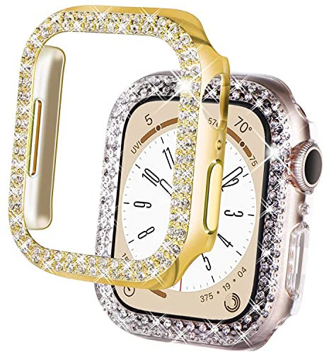 DEALELE [2-Pack] Uhrengehäuse Kompatibel mit Apple Watch Ultra 2 / Ultra 49mm, Glitzer 2-Reihen Diamant Schutzhülle Stoßstange Ersatz Protektor Uhrenabdeckung (49mm, Gold+Transparent)