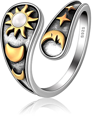 Sonne und Mond Stern Löffel Ring für Frauen - 925 Sterling Silber Einstellbar Daumen Keltischer Knoten Versprechen Verlobung Statement Boho Vintage Antik Schmuck Geschenke
