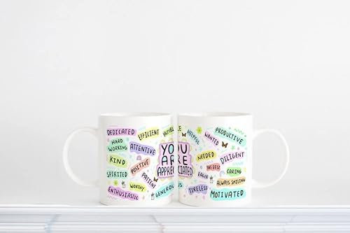You Are Appreciated Mug With Positive Words – 11oz Ceramic Motivational Gift Mug – Colourful Word Art Design – Ideal Thank You Gift For Teachers, Colleagues, Carers, Friends – Various Colours MUG9872