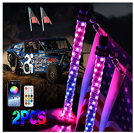 2PCS 3FT Spiral RGB LED Whip Lights avec télécommande et contrôle d'application Chasing / Dancing Light Offroad Warning Lighted Antenna Whips,366 modes pour Can-am ATV UTV RZR Polaris Dune Buggy Jeep