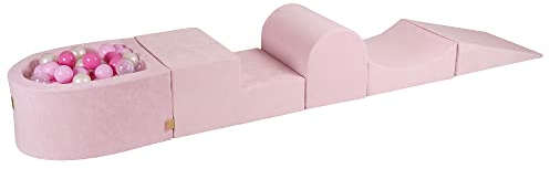 MEOWBABY Schaumstoff Bausteine Kinder - Bausteine XXL aus Schaumstoff mit Bällebad und 100 Bälle für Kinder - Baby Softbausteine zum Klettern, Samt, Hellrosa
