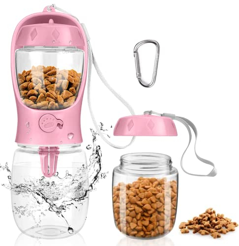 MYOWELL Borraccia Portatile per Cani - 350ML Bottiglia da Viaggio per Cane Gatti con 100g Serbatoio per Alimenti, Antibatterico e a Prova di Perdite (Rosa)