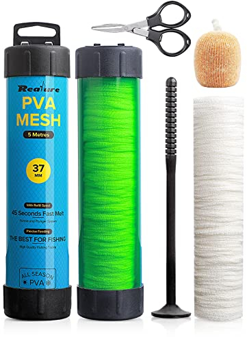 Realure 5M PVA Netz Angeln Set mit Schere, 18mm 25mm 37mm 44mm Breit PVA Mesh Karpfen Zubehör mit Trichter & Stößel System, Schnelles Schmelzen Beutel Angeln Bags für Boilie Köder Futter