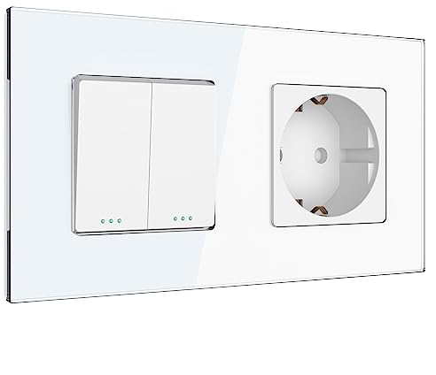 PULSAR Wechselschalter Doppelt mit Steckdose Weiß Glas, Kombination 2-Fach mit Glasrahmen, Serienschalter und Schuko-Steckdose Unterputz 16A 157 x 86mm