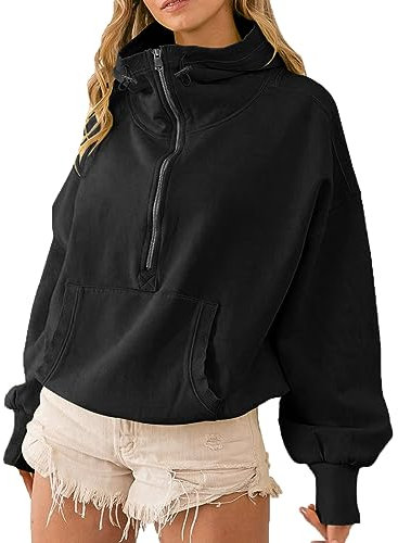 LIAOPUFUS Donna Felpa Sportiva con Cappuccio Tempo Libero Y2K Top Trendsetter di Strada Felpa Corto Lunghezza Vita con Tasche Cerniera(M,1 Nero)