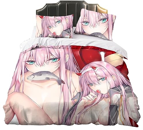 Anjinguang Darling In The FRANXX Anime 3-teiliges Bettwäsche-Sets 02/Zero Zwei Figuren 3D-Druck Bettbezug Cartoon Superweicher Bettbezug für Schlafzimmer Einzel/Doppel/King Size mit 2 Kissenbezügen