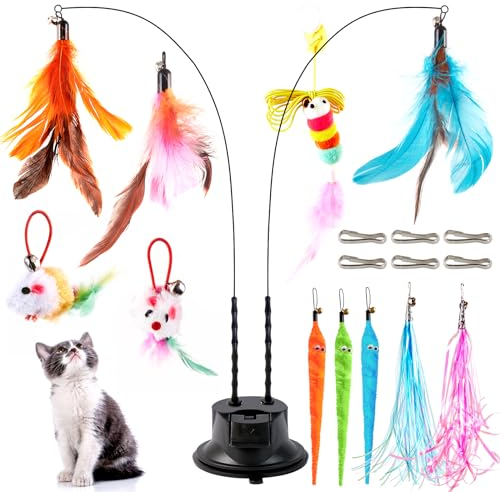 EASY JOY Jouet Chat Interieur, interactifs pour Chats avec 2 Baguette Magique et 10 Plumes avec Cloche,1 Jouets Suspendus, Ventouse Double Trou