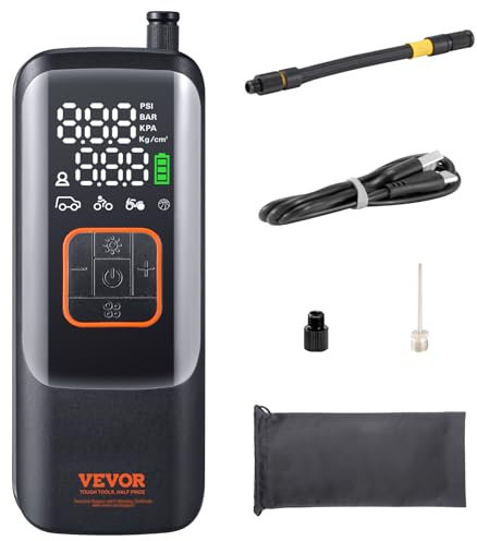 VEVOR Gonfleur Pneus Voiture 4000 mAh Compresseur à Air Portatif Rechargeable 10,3 bar Arrêt Automatique avec Manomètre LCD Lampe LED 3 Buses Pompe à Vélo Électrique pour Pneu Voitures, Motos, Ballons