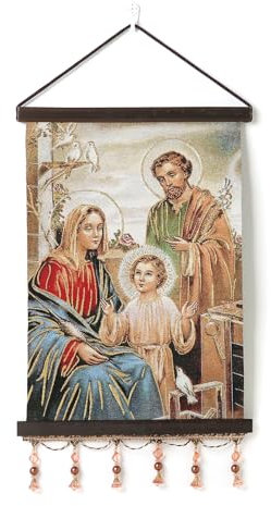 HZMAN Heilige Familie Jesus Maria Joseph Malerei Retro Handgefertigte Weben Wandkunst Dekor Ästhetisches Bild für Wohnzimmer Schlafzimmer Holz eingerahmt 17x12 Zoll
